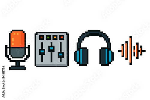 Retro pixel art audio equipment icons: microphone, mixer, headphones, soundwave