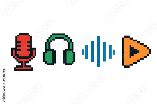 Retro pixel art of microphone, headphones, sound wave, and play button