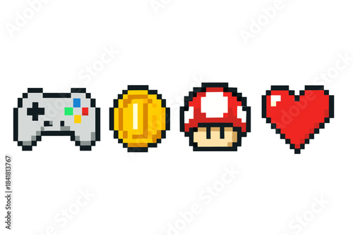 Pixel art icon set: game controller, gold coin, mushroom, heart