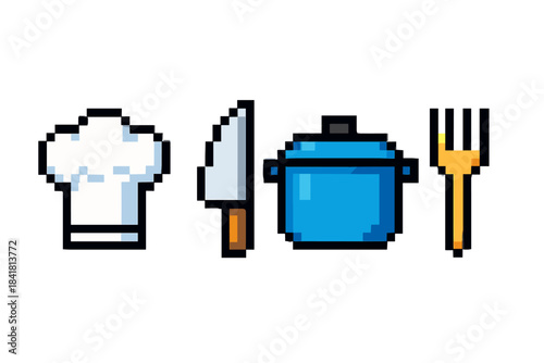 Pixel art kitchen utensils: chef hat, knife, pot, fork in retro style