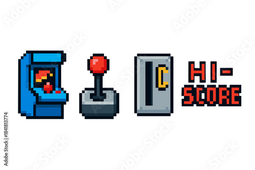 Retro pixel art of arcade machine, joystick, coin slot, and hi-score text