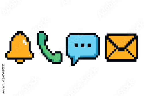 Pixel art icons: bell, phone, message, email