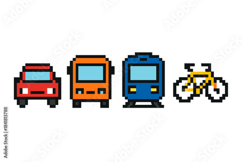 Pixel art of red car, orange bus, blue train, and yellow bicycle
