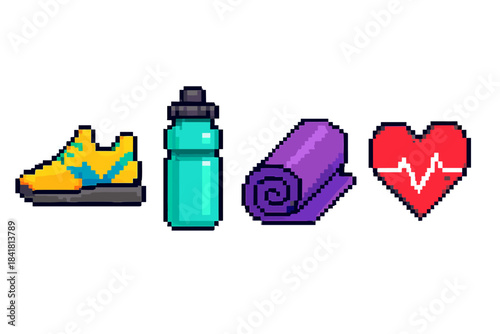 Pixel art fitness icons: sneaker, water bottle, yoga mat, heart