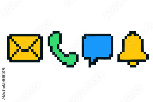 Retro pixel icons of communication: email, phone, chat, and notification bell