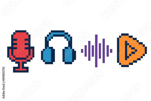 Colorful pixel art of microphone, headphones, audio wave, and play button