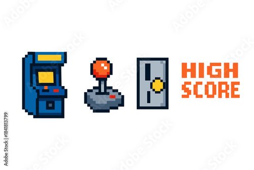 Retro pixel art arcade theme with joystick and high score text