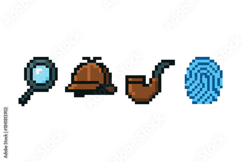Pixel art detective icons: magnifying glass, hat, pipe, fingerprint