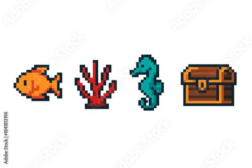 Pixel art ocean icons: fish, coral, seahorse, and treasure chest