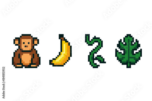 Pixel art: monkey, banana, vine, and leaf icons on white background