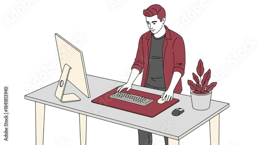 Man working at desk with computer, keyboard and mouse illustration, modern office work
