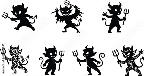 Set of Eight Cartoon Devil Imp Silhouettes with Trident, Halloween Mascot Vector Icons