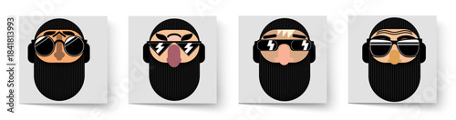 A set of male faces. Security agency. Squad. Military. Stylization. Avatar. Caricature. Charisma. Close-up portrait.