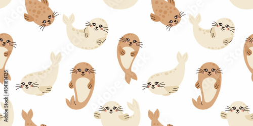 Seamless pattern with seals in different poses. Cute sea animals.