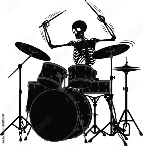 Skeleton Drummer Playing Drum Set Silhouette, Rock Music Halloween Concept Vector