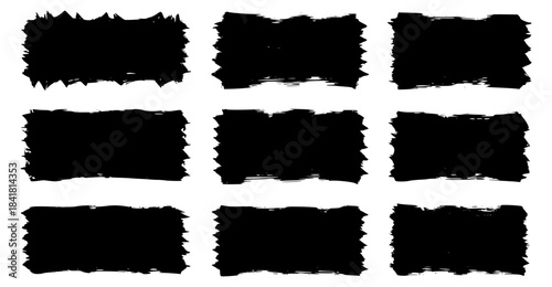 Black vector rough edge rectangles. Grunge square frames set. Jagged edge torn paper background collection. Paint brush strokes. Grungy distressed text boxes. Transparent background SVG version.