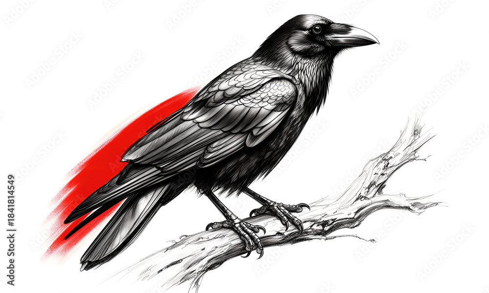 Obraz premium Detailed black raven illustration perching on a branch with a vibrant red accent