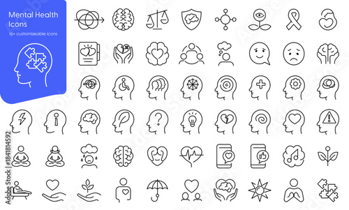 Mental Health Icon Set, showing emotional Wellness, Therapy & Self-Care, Anxiety, face and brain, Depression, Mindfulness, Positive Psychology, Vector line Icons sheet