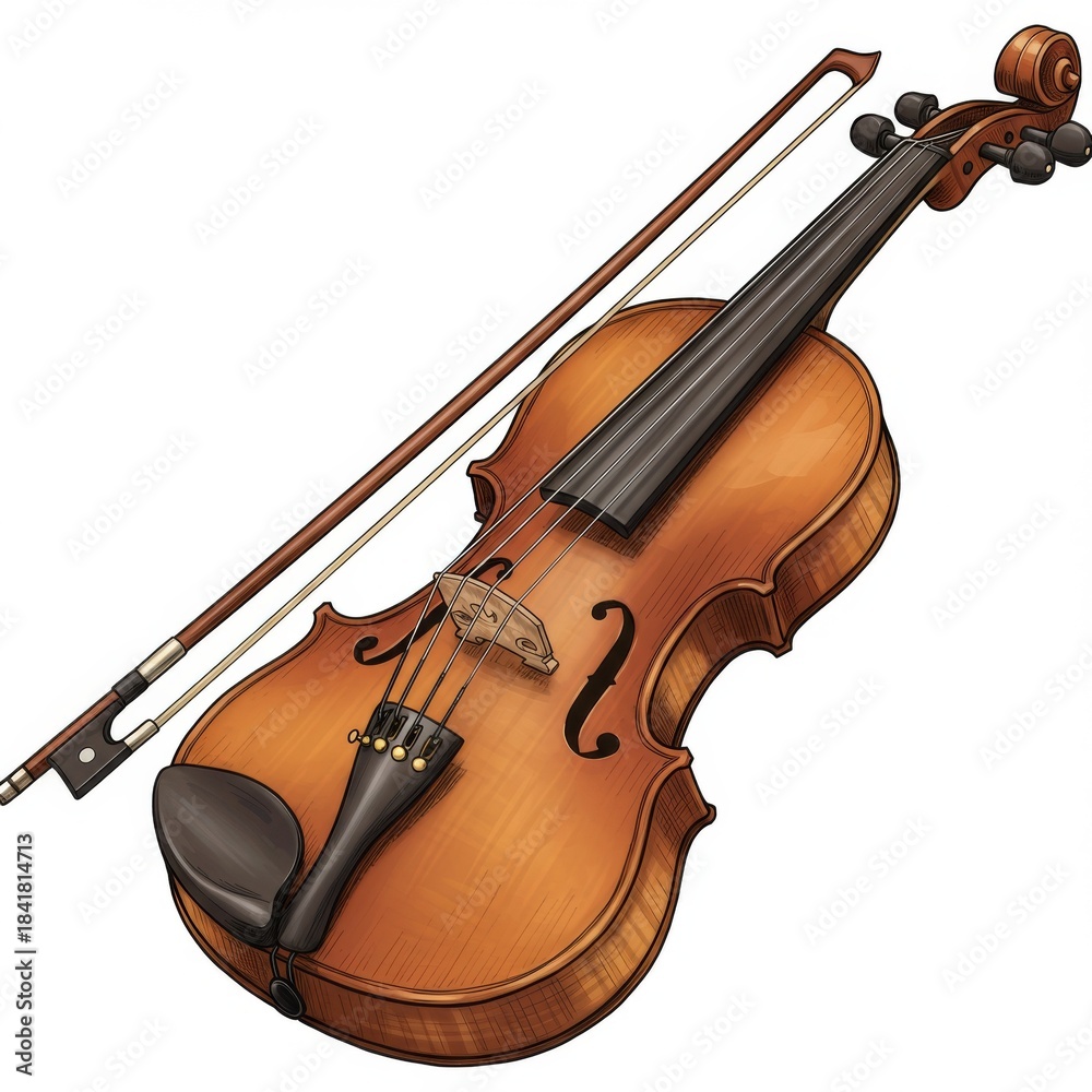 Fototapeta premium Brown Wooden Violin and Bow Illustration