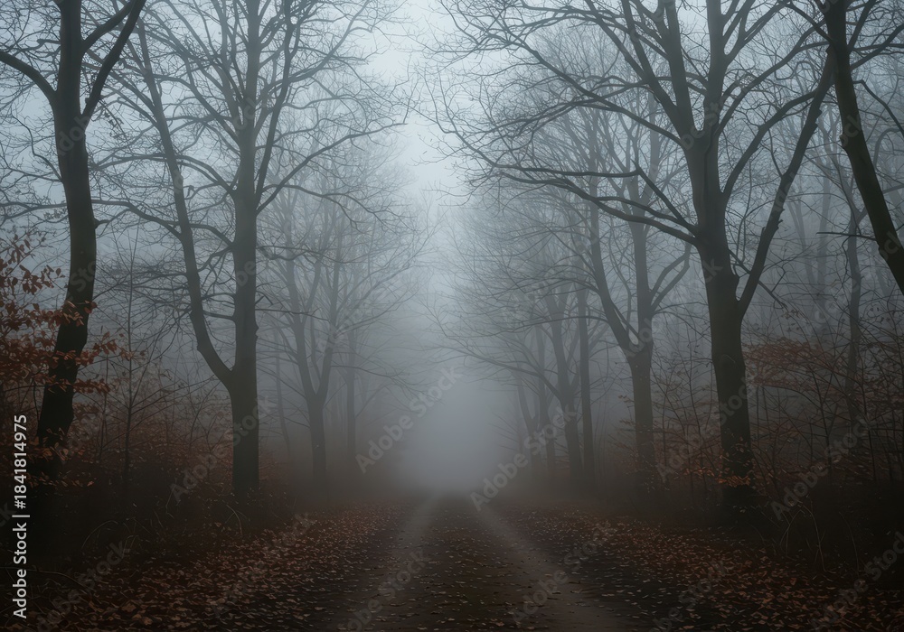 Obraz premium Eerie, dense fog shrouds a desolate, cold woodland path in late autumn. The skeletal branches of trees suggest hidden horror and dread ,woods ,lateautumn ,deepshadows