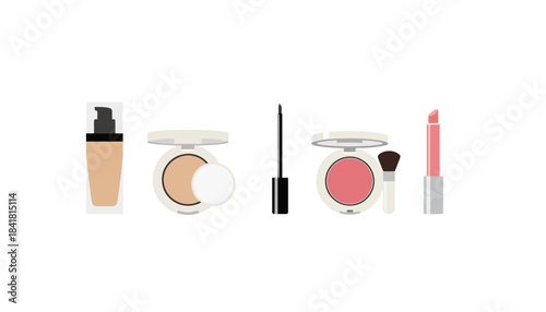 Makeup products arranged in flatlay style, vector illustration. Foundation, Powder, Eyeliner, Blush, Lip Gloss. Beauty industry