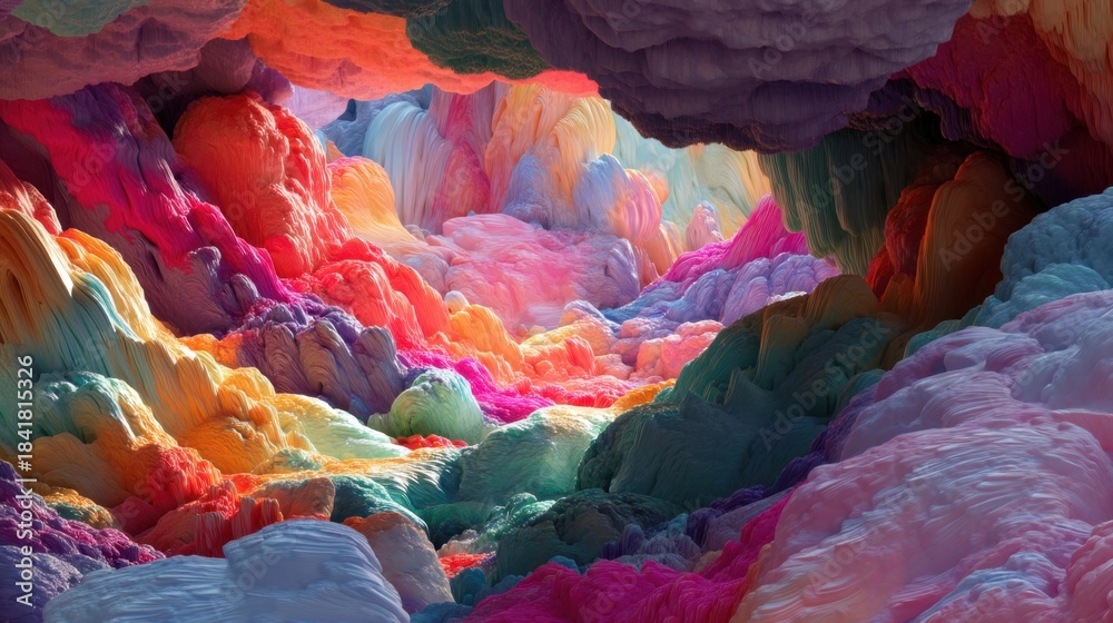 Fototapeta premium Vibrant colors fill the canyon as sunlight shines through the clouds. The scene shows various shades blending together in a unique way.