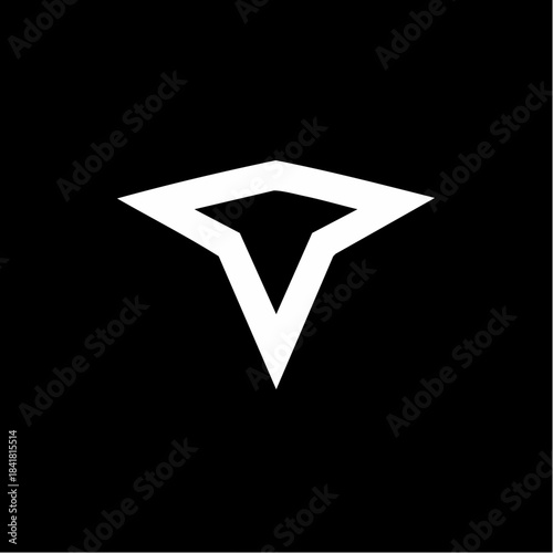 A minimalist white abstract geometric symbol resembling a stylized letter T or an inverted triangle on a solid black background.