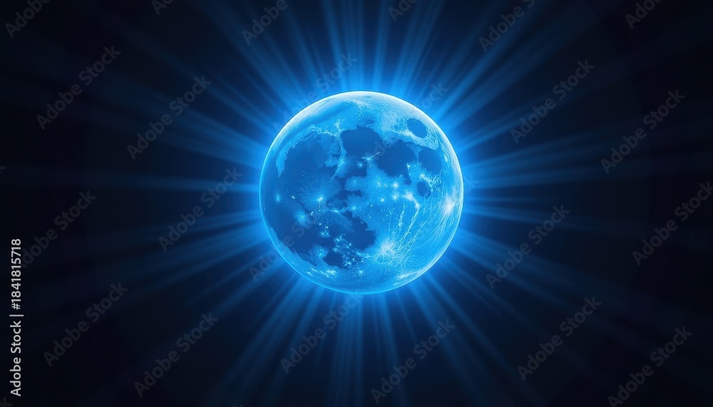 Fototapeta premium A brilliant blue supermoon, radiating an ethereal glow and a soft blue halo, set against a deep black void, mystery, celestial