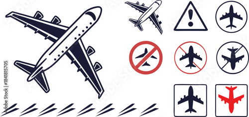  symbol set featuring bold aircraft illustrations, warning icons, and no-flight signs. Includes aviation silhouettes and directional elements for clear visual communication. Ideal for travel g