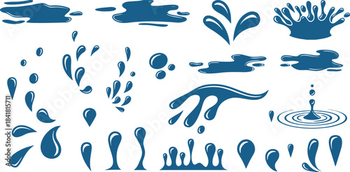 Water splash set featuring dynamic droplets, ripples, and fluid motion shapes. Smooth liquid silhouettes create realistic and artistic effects for creative designs. Perfect for animation, branding, an