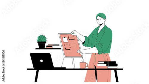 Minimalist illustration of a person working on a whiteboard in office environment