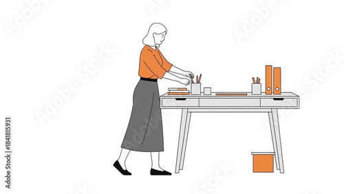 Minimalist Illustration of a Woman at Her Desk in a Simple Office Environment