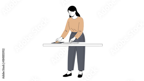 Minimalist illustration of a woman working or cleaning a desk, simple, clean design