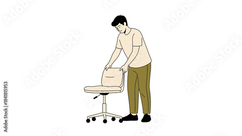 Minimalistic illustration of a person arranging an office chair, simple design