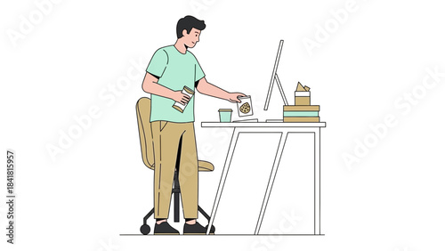 Minimalistic illustration of a person at a desk with food items and a computer