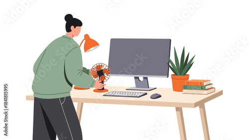 Person Adjusting a Fan Near a Desktop Computer and Desk Setup Illustration