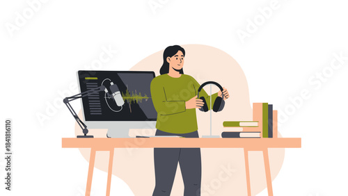 Podcast Recording Illustration: A Woman Preparing for Audio Production at Her Desk with Headphones