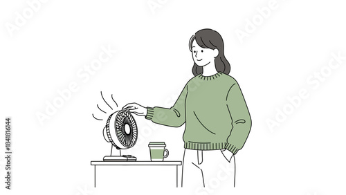 Woman adjusting a fan with a cup of coffee next to it in a minimalist style
