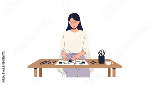 Woman arranging binder clips on a desk in an office setting for work or creative project