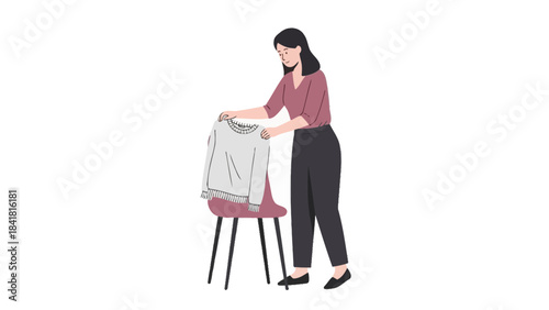 Woman arranging clothes on a chair, minimalist illustration, daily life activity