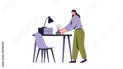 Woman arranging desk with lamp and aromatherapy diffuser cartoon illustration style