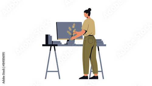 Woman arranging desk with computer and plants, modern office workspace and lifestyle scene