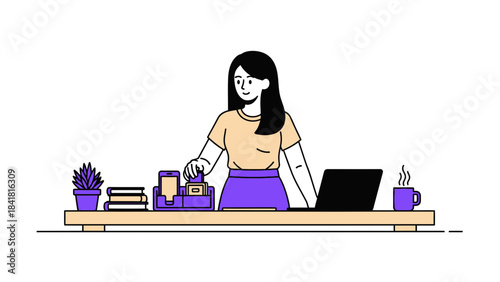 Woman at desk working with laptop and phone, ready to handle business tasks