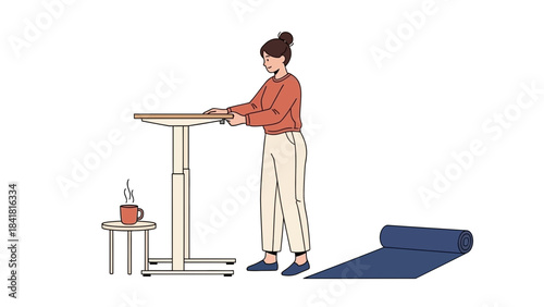 Woman at standing desk with coffee and yoga mat in a minimalistic illustration style