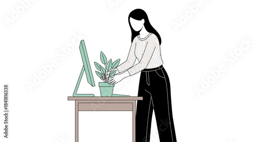 Woman caring for a plant near a computer monitor, an illustration about home office