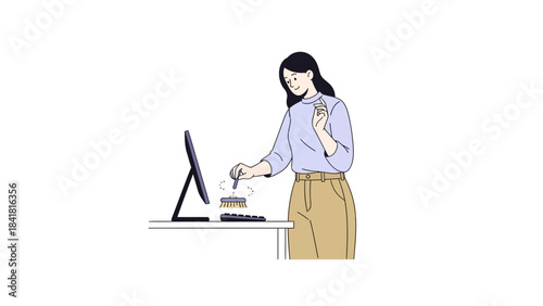 Woman Cleaning a Computer Keyboard at a Desk in a Simple Vector Illustration Style