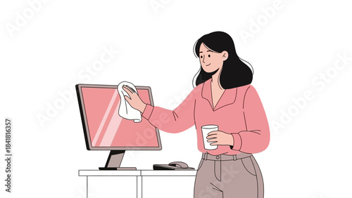 Woman Cleaning a Computer Monitor and Desk in an Office Environment or Workspace