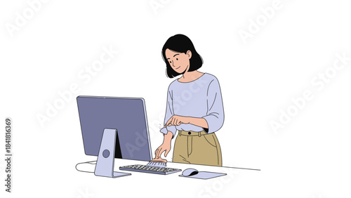 Woman Cleaning a Keyboard and Working on a Computer, Modern Office Illustration