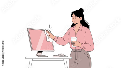 Woman Cleaning Computer and Holding Coffee Cup in Office Environment for Efficiency