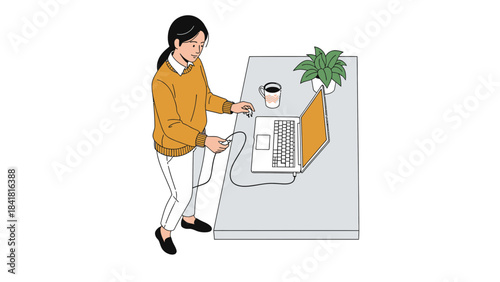 Woman connecting a charger to a laptop on a table with a coffee cup and plant